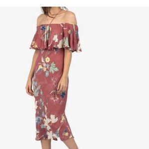 Cleobella Revolve Anthropologie Mauve Floral off the shoulder ruffle dress M 6 8